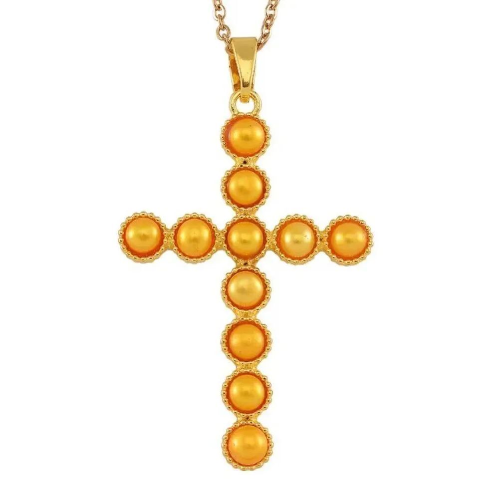 Golden Freshwater Pearl Cross Pendant 20” Necklace New